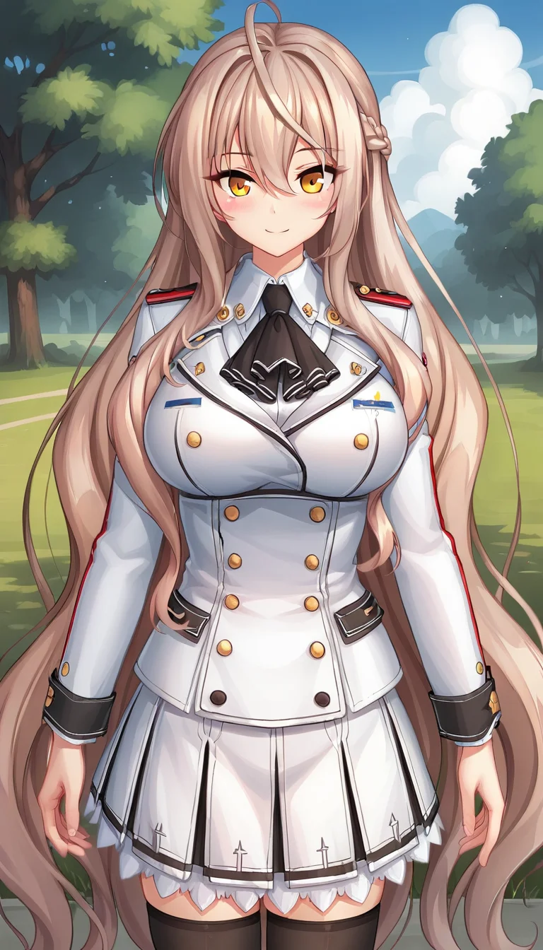 score_9,score_8_up,masterpiece,best quality,correct anatomy,anime_source,1girl,solo,perfect eyes,perfect arms,perfect legs,perfect face,outdoors,upper body,(portrait:1.5),looking at viewer,facing viewer,smile,blush,Arcelias Pendragon,ahoge,very long hair,light brown hair,wavy hair,hair intakes,french braid,hair between eyes,bangs,yellow eyes,uniform,black ascot,white jacket,double-breasted,white shirt,long sleeves,large breasts,miniskirt,white skirt,frilled skirt,pleated skirt,zettai ryouiki,black thighhighs,loafers,white footwear,<lora:Arcelias Pendragon(uq)-Pony:1.2>,