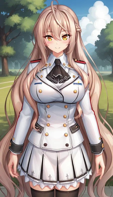 score_9,score_8_up,masterpiece,best quality,correct anatomy,anime_source,1girl,solo,perfect eyes,perfect arms,perfect legs,perfect face,outdoors,upper body,(portrait:1.5),looking at viewer,facing viewer,smile,blush,Arcelias Pendragon,ahoge,very long hair,light brown hair,wavy hair,hair intakes,french braid,hair between eyes,bangs,yellow eyes,uniform,black ascot,white jacket,double-breasted,white shirt,long sleeves,large breasts,miniskirt,white skirt,frilled skirt,pleated skirt,zettai ryouiki,black thighhighs,loafers,white footwear,<lora:Arcelias Pendragon(uq)-Pony:1.2>,