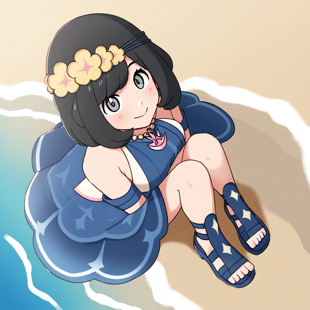 2d, masterpiece, best quality, amazing quality, highres, absurdres, newest, 1girl, solo, sitting, beach, from above, dutch angle, looking at viewer, medium breasts, mature female, ncselene, grey eyes, black hair, short hair, bangs, flower wreath, head wreath, bead necklace, sleeveless dress, blue dress, white dress, bare shoulders, armlet, bracelet, sandals, toes, blue footwear
