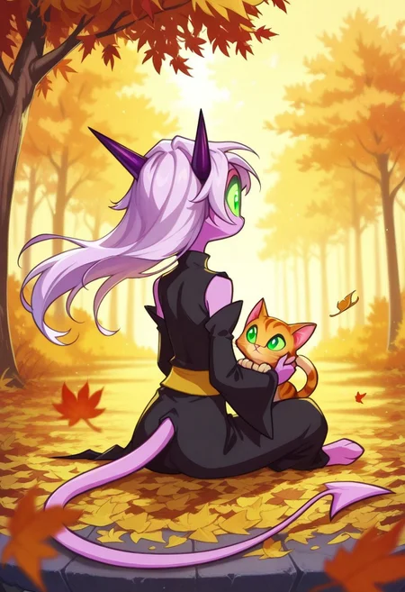 Dreamkeepers,Prelude_Namah,,demon tail, green eyes, horns,
solo, 1girl, child,
realistic, , sitting, from behind, petting a cat, orange cat, cute, long_hair, detached sleeves, ,floating hair, falling leaves, silver, autumn_theme, outdoors, nature, depth of field, masterpiece,best quality,amazing quality,