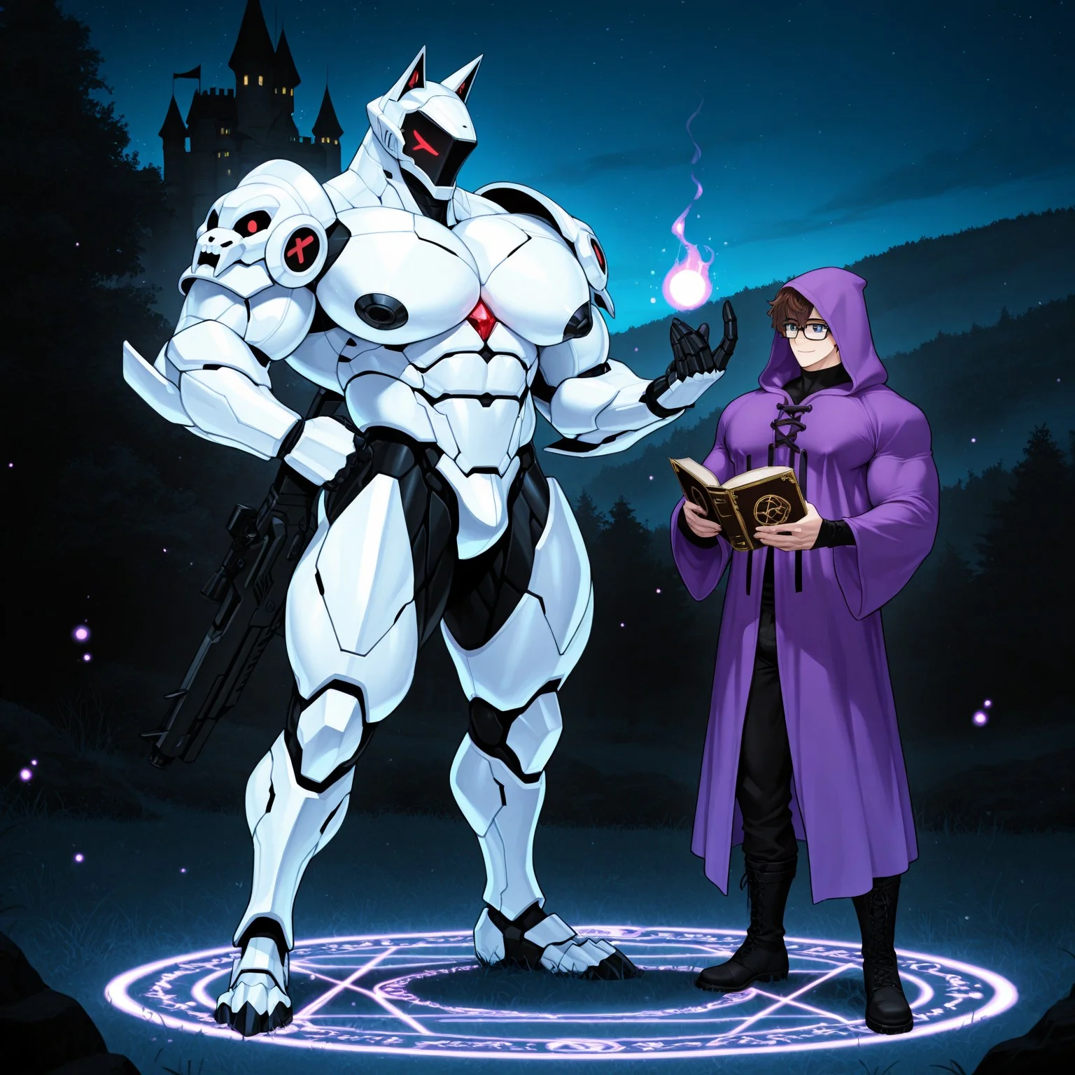 2boys, gay, yaoi, human x furry, furry with non-furry, interspecies, size difference, contrasting builds, full body, perfect anatomy, easynegative, clear eyes, BREAK 

[1boy, sp_mecha, screen face, red eyes, white body, gold cyber lines, mecha body, muscular, big pecs, puffy nipples, thick thighs, white armor, arm armor, leg armor, gun], BREAK

[1boy, (Human), twink, pale skin, short wavy hair, brown hair, blue eyes, (glasses), purple hooded mage robe, black trim, hood up, black boots, holding spellbook, green magical energy], BREAK

Castle, exterior, night, smile, combat pose, standing, side by side, look at each other, trust, magic circle, glow, bones, purple fireflies, BREAK

masterpiece, perfect quality, best quality, perfect anatomy, absolutely eye-catching, homoerotic, BREAK

((4k,8k,Ultra HD)),((Masterpiece :1.2)),((Best quality :1.2)),((Detailed :1.5)),((Detailed background :1.5))