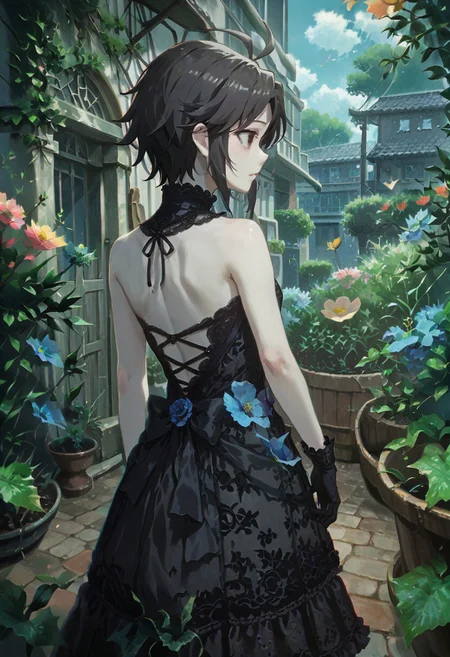 score_9, score_8_up, score_7_up, score_6_up, source_anime, <lora:Worldly_XL:1.2> romantic background, garden, flowers, cute, 1girl, solo, petite body, <lora:KikuchiMakoto_pony_v1:0.90> kikuchi makoto, kkcmkt, short hair, black hair, antenna hair, hair between eyes, black eyes, flat chest,  small breasts, (pale skin:1.5), (far-set eyes:1.5), (lace dress:1.5), lace gloves, lace stockings, (back view:1.5)
zPDXL, zPDXL-neg