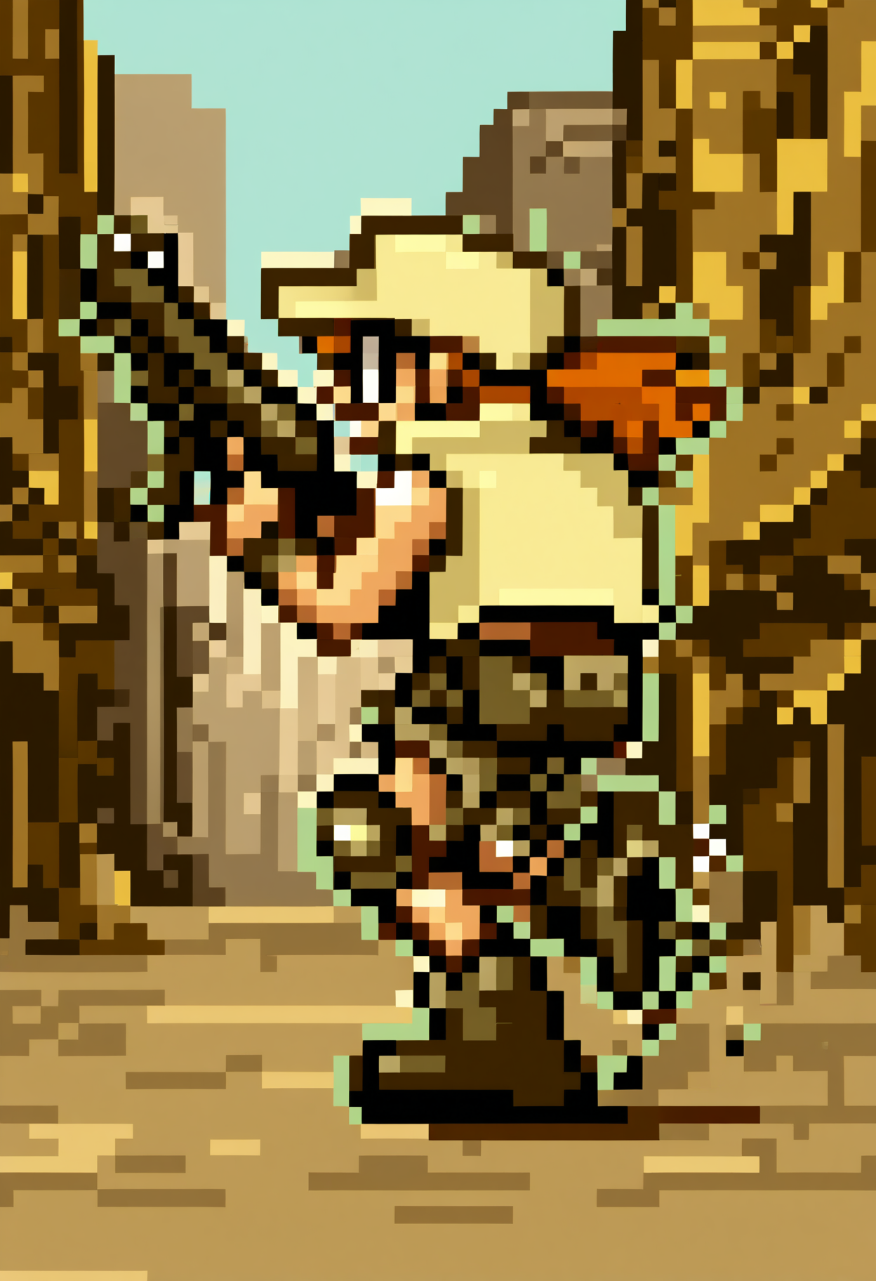 masterpiece, best quality, good quality, amazing quality, newest, general, highres, ultra-detailed, very aesthetic, best hands, 
from behind, 
 <lora:Fio_dot_IL:1>
Fio_3dot, 1girl, solo, black eyes, ponytail, brown hair, (glasses:1.5), pixel art, pixelated,
yellow Baseball cap, yellow vest, crop top, belt, short shorts, wristband, knee pads, brown shorts, open vest, boots, holding shotgun, 
(running:1.2), 
BREAK outdoors, destroyed city, abandoned,
