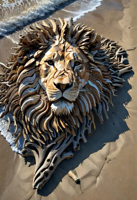 (drift wood washes up on the shore, all the tiny parts of drift wood form together to create a perfect shape of a Driftwood Lion on the shore), abstract, 3d render, strong, insanely intricate details, (masterpiece), breathtaking natures art work