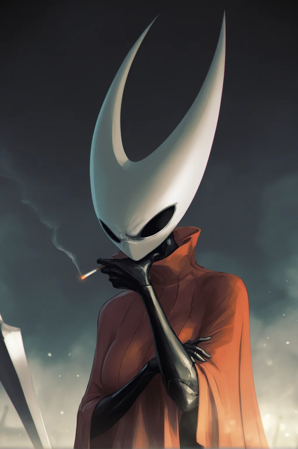 1girl, hollow eyes, hornet \(hollow knight\), red cloak, <lora:Hornet_hollow_knight_Illustrious-000007:0.9>, angry, holding cigarette, hand on chin,, masterpiece, best quality, newest, absurdres, highres, new, k-suwabe, darkest dungeon style, aka6, artist:wafferscotch,
