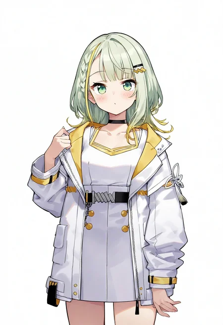 high definition, amazing quality, very aesthetic, best quality, masterpiece, highres, white background, 1girl, solo, 
 <lora:tsunose_kotone_character_NoobAI_v1:1> tsunose kotone, green eyes, multicolored hair, blonde hair, braid, jacket, dress, choker,
