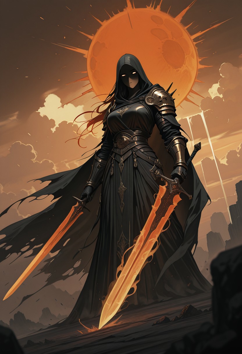 Gritty, Monochrome with color Highlights, Sundawn, Landscape, towering Knight, heavy armored,Fantasy, dmsty, masterpiece, best quality, good quality, newest, highres, absurdres, solo, dark atmospheric, detailed, intricate, Orange-pink sun, Clouds, giant sword, Ethereal, dmsty, shaded eyes, 1girl, masterpiece, best quality, Long Hair, good quality, newest, highres, absurdres, grim reaper, Angle, dutch Angle, Action Scene, hyperdetailed, billowing cape, intricate hanfu, Torn Cape, Wind, particles, hood.closeup, towering pauldron, Ethereal Aura, Angle, Headshot, wielding sword, great sword, muscular, Red and White, two toned, painting, Parodie,