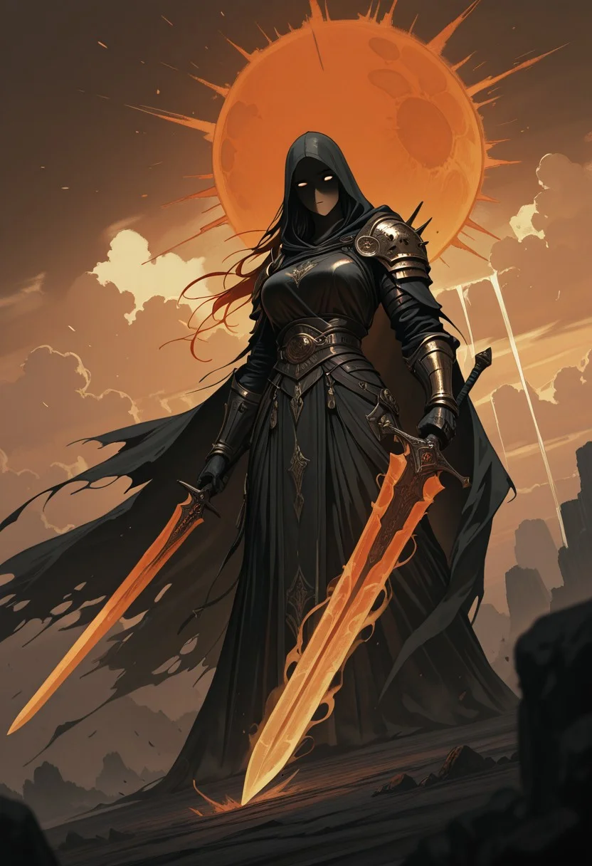 Gritty, Monochrome with color Highlights, Sundawn, Landscape, towering Knight, heavy armored,Fantasy, dmsty, masterpiece, best quality, good quality, newest, highres, absurdres, solo, dark atmospheric, detailed, intricate, Orange-pink sun, Clouds, giant sword, Ethereal, dmsty, shaded eyes, 1girl, masterpiece, best quality, Long Hair, good quality, newest, highres, absurdres, grim reaper, Angle, dutch Angle, Action Scene, hyperdetailed, billowing cape, intricate hanfu, Torn Cape, Wind, particles, hood.closeup, towering pauldron, Ethereal Aura, Angle, Headshot, wielding sword, great sword, muscular, Red and White, two toned, painting, Parodie,