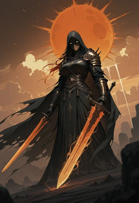 Gritty, Monochrome with color Highlights, Sundawn, Landscape, towering Knight, heavy armored,Fantasy, dmsty, masterpiece, best quality, good quality, newest, highres, absurdres, solo, dark atmospheric, detailed, intricate, Orange-pink sun, Clouds, giant sword, Ethereal, dmsty, shaded eyes, 1girl, masterpiece, best quality, Long Hair, good quality, newest, highres, absurdres, grim reaper, Angle, dutch Angle, Action Scene, hyperdetailed, billowing cape, intricate hanfu, Torn Cape, Wind, particles, hood.closeup, towering pauldron, Ethereal Aura, Angle, Headshot, wielding sword, great sword, muscular, Red and White, two toned, painting, Parodie,