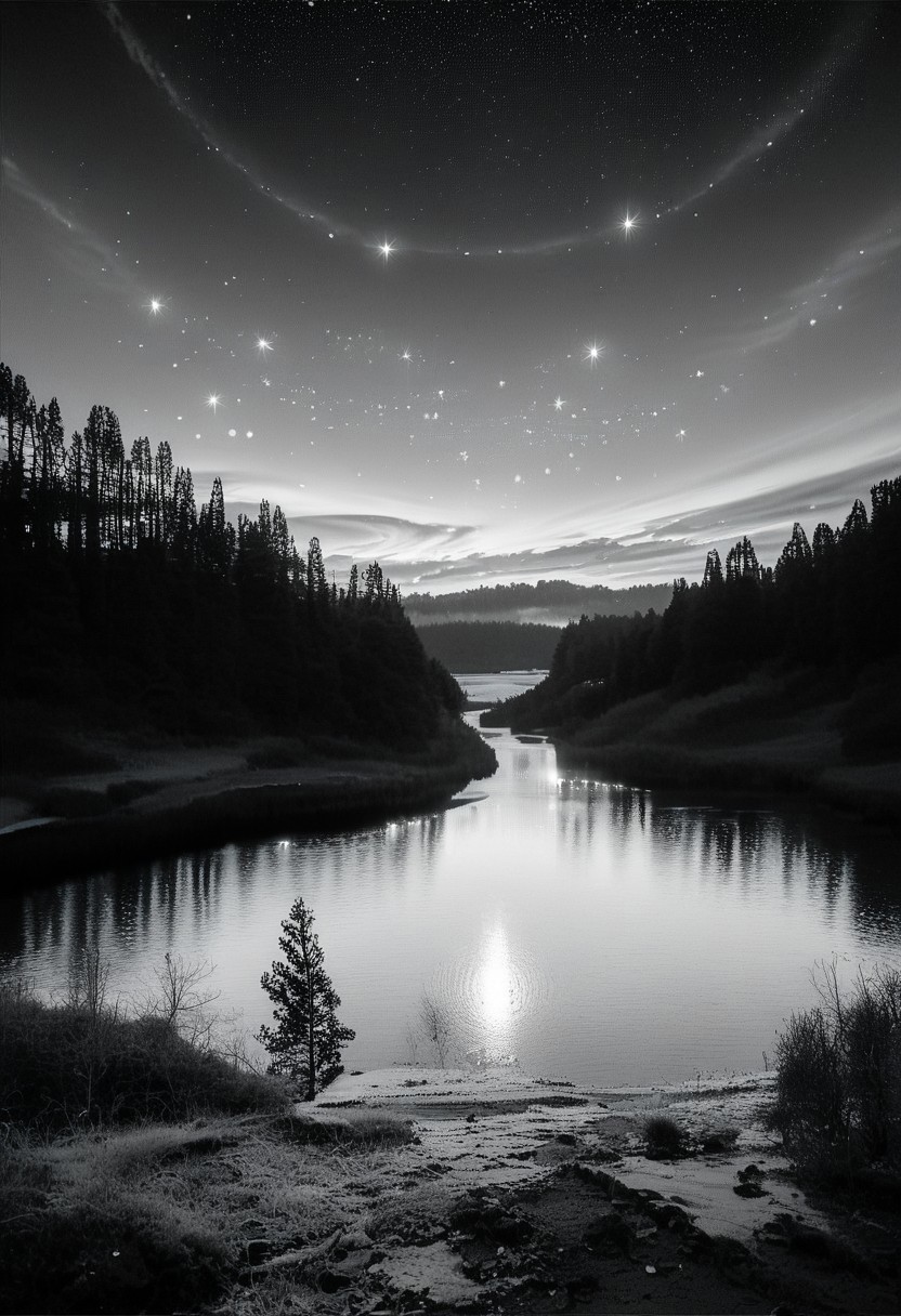 (real life,  score_7_up, score_8_up, score_9_up, detailed beautiful landscape, bloom, volumetric lighting,  grayscale, no colors, forest, winter, valley, big mountain, clear sky,  exploding star, focus on sky, night, silhouette, river, depth of field,