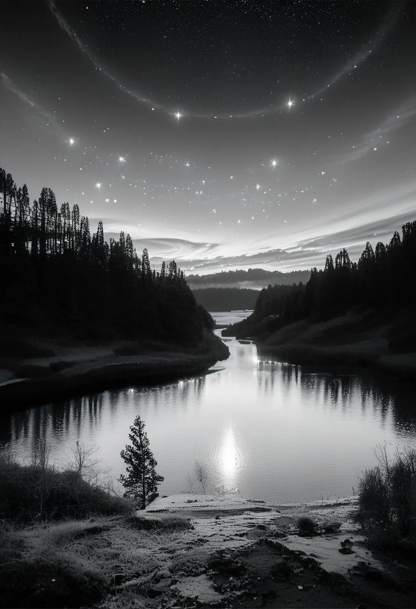 (real life,  score_7_up, score_8_up, score_9_up, detailed beautiful landscape, bloom, volumetric lighting,  grayscale, no colors, forest, winter, valley, big mountain, clear sky,  exploding star, focus on sky, night, silhouette, river, depth of field,
