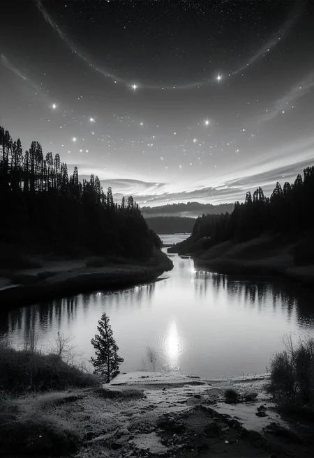 (real life,  score_7_up, score_8_up, score_9_up, detailed beautiful landscape, bloom, volumetric lighting,  grayscale, no colors, forest, winter, valley, big mountain, clear sky,  exploding star, focus on sky, night, silhouette, river, depth of field,