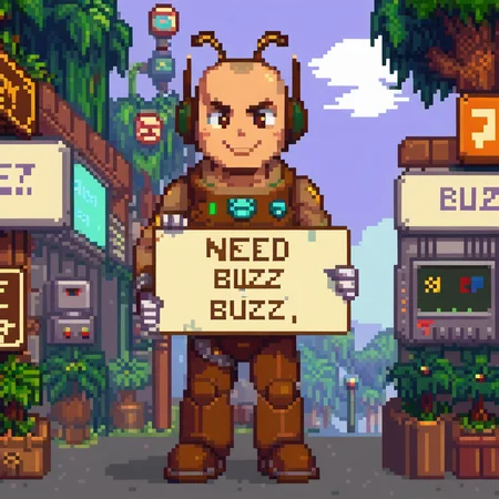 Pixel art, man holding sign that says "Need Buzz", videogame, dialogue options, gui,  <lora:pixelbuildings128-v2:1>  <lora:texta:0.9>, (anime, masterpiece, intricate:1.3), (best quality, hires textures, high detail:1.2), (4k),(incredibly detailed:1.4),UHD, 8K, ultra detailed