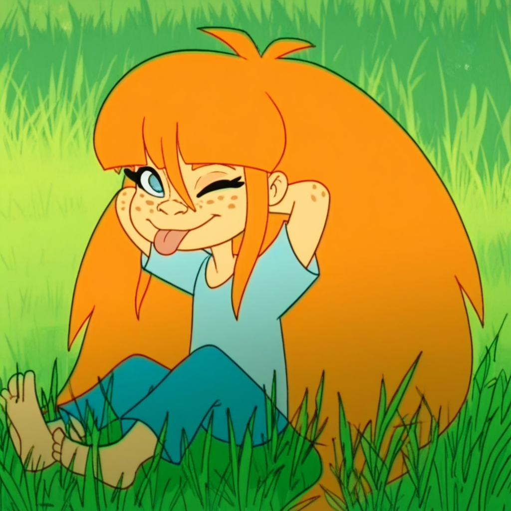 score_9, solo, tupu, orange hair, very long hair, blue eyes, freckles, sitting, grass, one eye closed, hands behind head, tongue