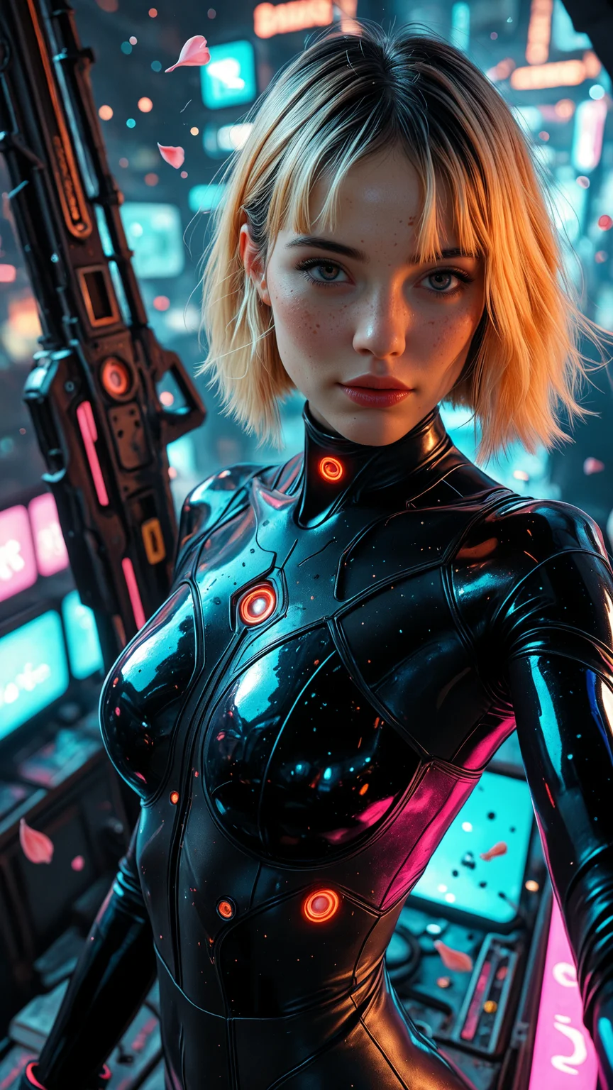 best_quality, absurdres, ultra-detailed, highly_aesthetic, 8K, UHD, highly_detailed_eyes, depth_of_field, subject_focus, looking at viewer,
dutch_angle, 1girl, woman, freckles,long_bangs, blonde_hair, black_hair, short hair, beauty, magical, dynamic motion, floating_petals, cinematic, neckline, inspiration, neon, inspiration, art, abstract, looking at viewer, romance, cyberpunk, giant weapon, bodysuit, highwaist, teasing, red lips, solo, action, movie, selfie, cheeky,