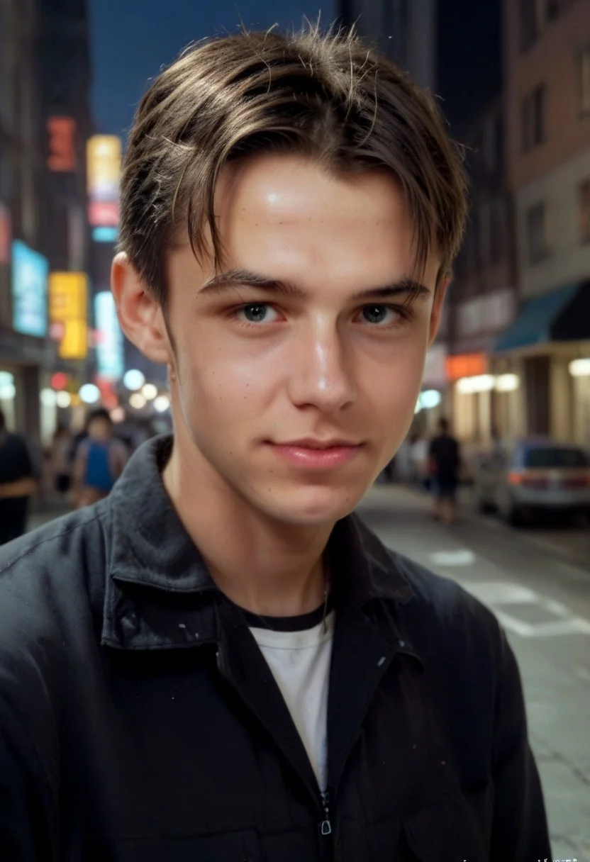 (curi:1.0),score_9, score_8_up, score_7_up,source_anime,25 years old, semilong hair, blonde, in street, in futuristic new york , 2077s, neon, night time, cinematiccomposition, HDR, 8k, musculated,beutyfull , clothes style blade runner ,