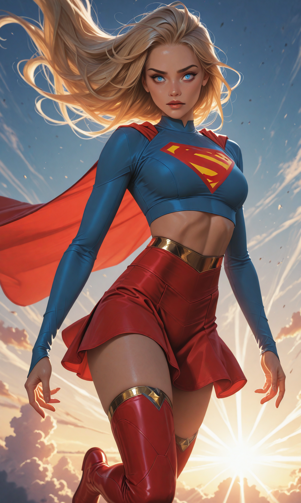 masterpiece, best quality, newest, absurdres, highres, chen bo, 
absolutely eye-catching, newsupergirl, 1girl, blonde hair, long hair, blue eyes, crop top, cape, midriff, red skirt, thigh boots, sky background, flying, looking at the viewer,
masterwork, masterpiece, best quality, dynamic lighting, detailed, depth of field, dynamic lighting,