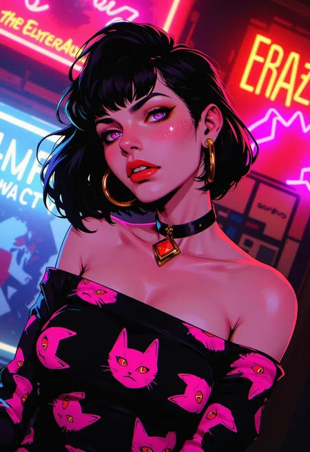 A rebellious model with sharp features adorned with gold make-up and black eyeliner with lavander bob cut. A black off-shoulder top with a pink cats print pattern and choker. She posing in a vibrant, vivid color palette setting with ambient lighting, her expression calm and composed. The scene is painted in Patrick Nagel's painting style, with rich, smooth brushstrokes and a soft, warm color grading. The lighting is soft and diffused, creating a gentle glow around her. ArcaneFGTNR, Niji Stan Katayama Style, cyb3rp0p