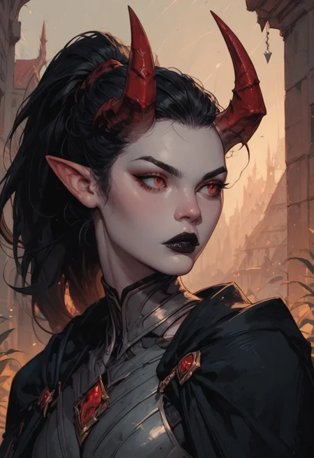 score_9, score_8_up, score_7_up, outdoors, rimlight, solo, 1girl, demon girl, horns, black hair, ponytail, black lipstick, pale skin, grey skin, pointy ears, red eyes, red nose, long nails, black nails, black cape, armor, slim fit, looking away, parted lips