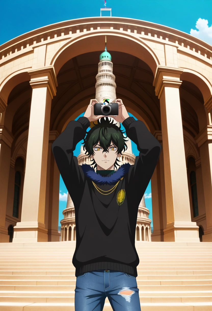 masterpiece, best quality, , anime screencap, , official style, , 1boy, solo, male focus, <lora:yuno_black_clover_ilxl:0.92>, yuno_black_clover, black hair, yellow eyes, short hair, hair between eyes, fur trim, Pisa, Italy, Leaning Tower, tourists taking photos, standing pose, playful expression, bright afternoon light, Coral Corduroy Paisley Jeans, Wool sweater, , , and