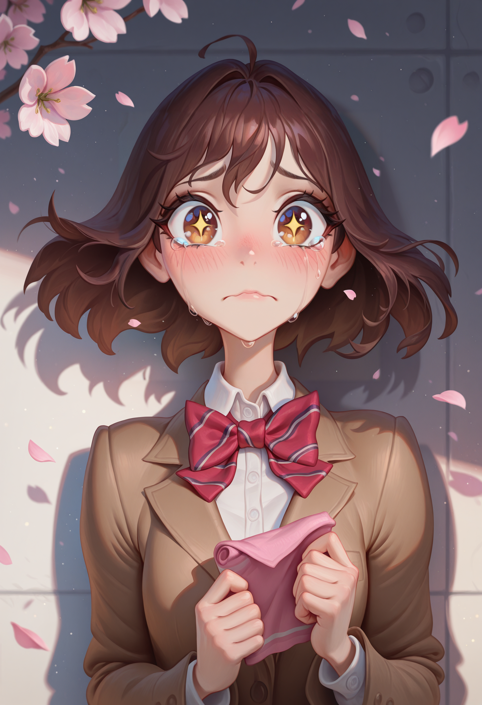<lora:bonifasko:1>,bonifasko style,masterpiece, absurdres, highres,amazing quality, best quality, extremely detailed, 8k,1girl,blazer,blurry,blush,bow,bowtie,brown eyes,brown hair,brown jacket,cherry blossoms,closed mouth,crying,crying with eyes open,depth of field,falling petals,floating hair,holding,jacket,light particles,long sleeves,original,petals,puffy sleeves,red bow,red bowtie,shadow,shirt,short hair,solo,sparkling eyes,striped bow,striped bowtie,striped clothes,tears,upper body,white shirt,wiping tears