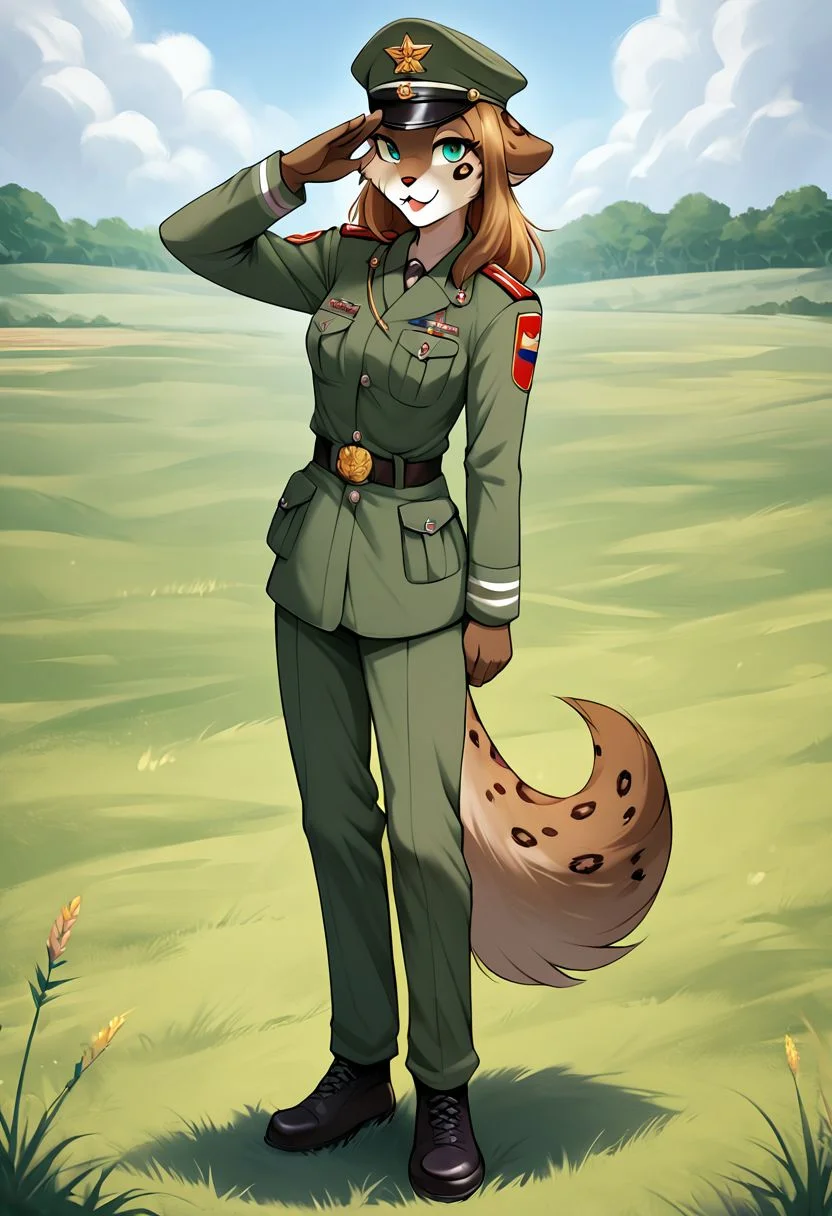 score_9, score_8_up, score_7_up, score_6_up, score_5_up, score_4_up, rating_explicit, source_furry, tkkathrin, keidran, mammal, spotted fur, teal eyes, anthro, 1girl, female, solo, solo focus, full body, standing on two legs, fluffy tail, long hair, medium breast, the army uniform of the Soviet Union, officer's cap of the Soviet Union, in the field, The salute gesture, cute expression, field, detailed background
