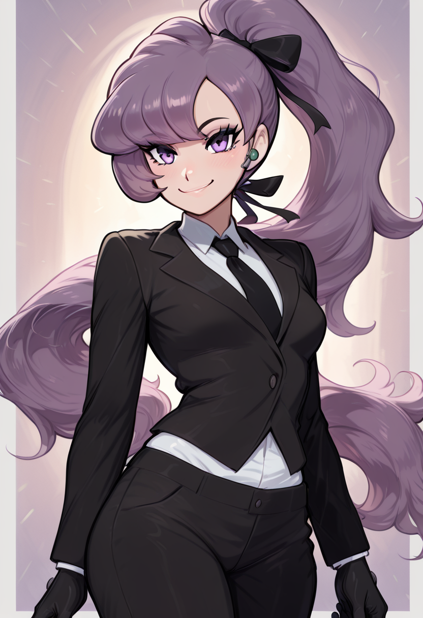 (masterpiece, best quality, good quality, very aesthetic, absurdres, newest:1.2),  zzAnabel, purple hair, purple eyes, long hair, ponytail, ribbon, hair ribbon, bangs, black ribbon, black suit, formal, black tie, black gloves,  , <lora:AnabelPokemon_IXL_v2:1.0>,, smile, looking at viewer, cowboy shot,  ,<lora:AfrobullNAI:1.0>,