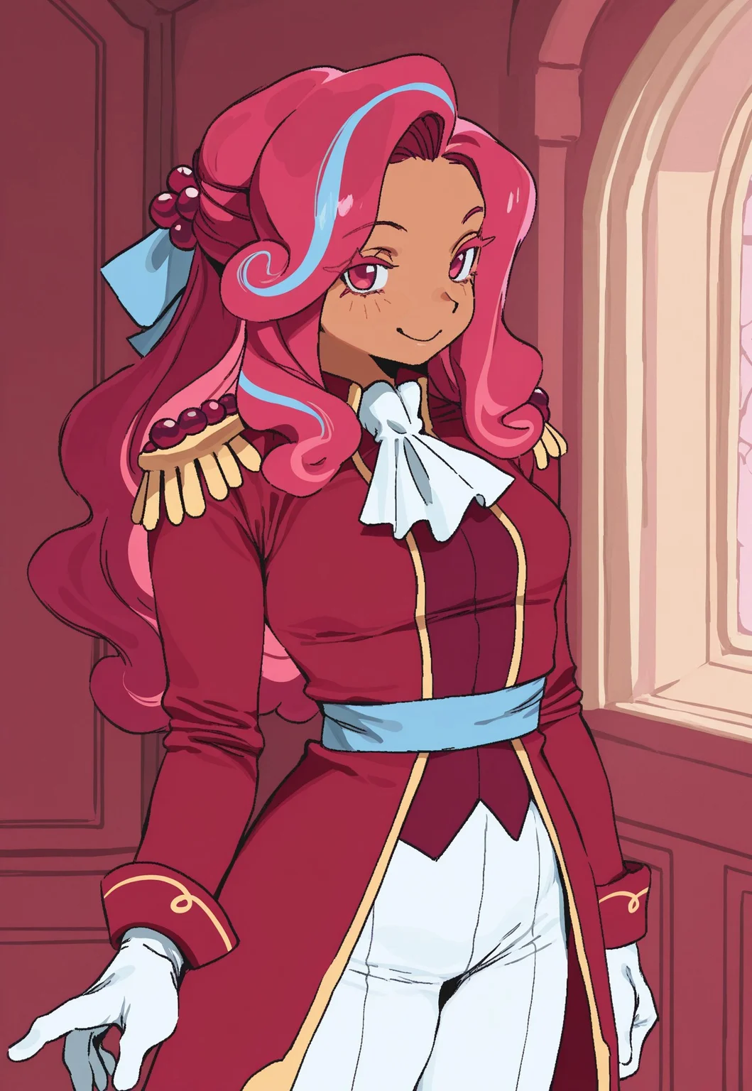 whoopsatr, anime, masterpiece, best quality, detailed background, 8k, 1girl, solo, raspberry cookie, tan skin, pink hair, long hair, blue hair ribbon, white eyelashes, pink eyes, cravat, red coat, epaulettes, blue waistband, white gloves, white pants, standing, castle wall, indoors, face close-up, smile, half body, staring at viewer, no pose,