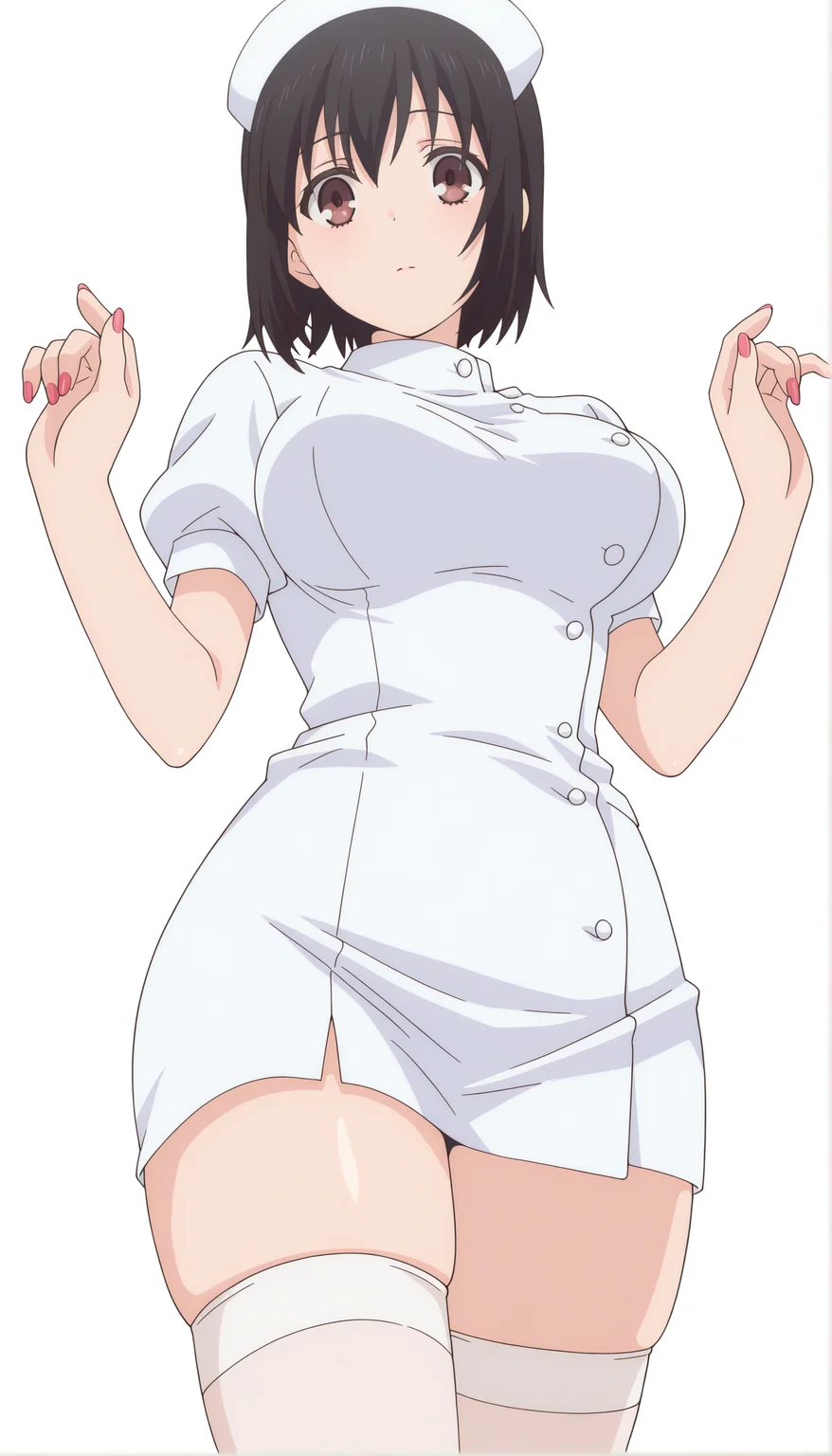 <lora:ILXL_KotoneShirakawa_OF_Mornix:1> kotoneofdef, brown eyes, black hair, short hair, anime screencap,
solo, thighhighs, breasts, white thighhighs, white background, nurse cap, simple background, short sleeves, hat, nurse, dress, white dress, skindentation, puffy sleeves, looking at viewer, nail polish, puffy short sleeves, zettai ryouiki, skirt, white headwear, short dress, hands up, fingernails, thighs
masterpiece,best quality,amazing quality,