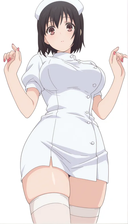 <lora:ILXL_KotoneShirakawa_OF_Mornix:1> kotoneofdef, brown eyes, black hair, short hair, anime screencap,
solo, thighhighs, breasts, white thighhighs, white background, nurse cap, simple background, short sleeves, hat, nurse, dress, white dress, skindentation, puffy sleeves, looking at viewer, nail polish, puffy short sleeves, zettai ryouiki, skirt, white headwear, short dress, hands up, fingernails, thighs
masterpiece,best quality,amazing quality,