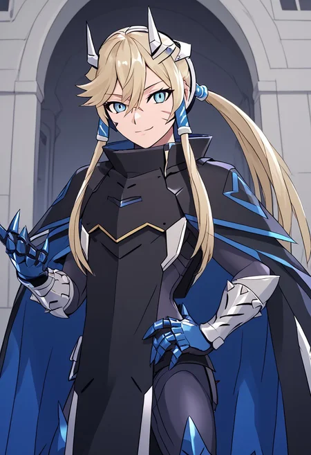 score_4,score_5,score_6,score_7_up,score_8_up,score_9 ((masterpiece,best quality,ultra detailed,highres,HD,4k:1.2)),
1 girl, solo, long hair, ponytail, blue eyes, sharp eyes, slanted eyes, hair tube, hair between eyes,facial scar, bangs, headgear,
cape, cloak, armor, spikes, gauntlets,
standing,hand on hip,
smile,JSK Studio