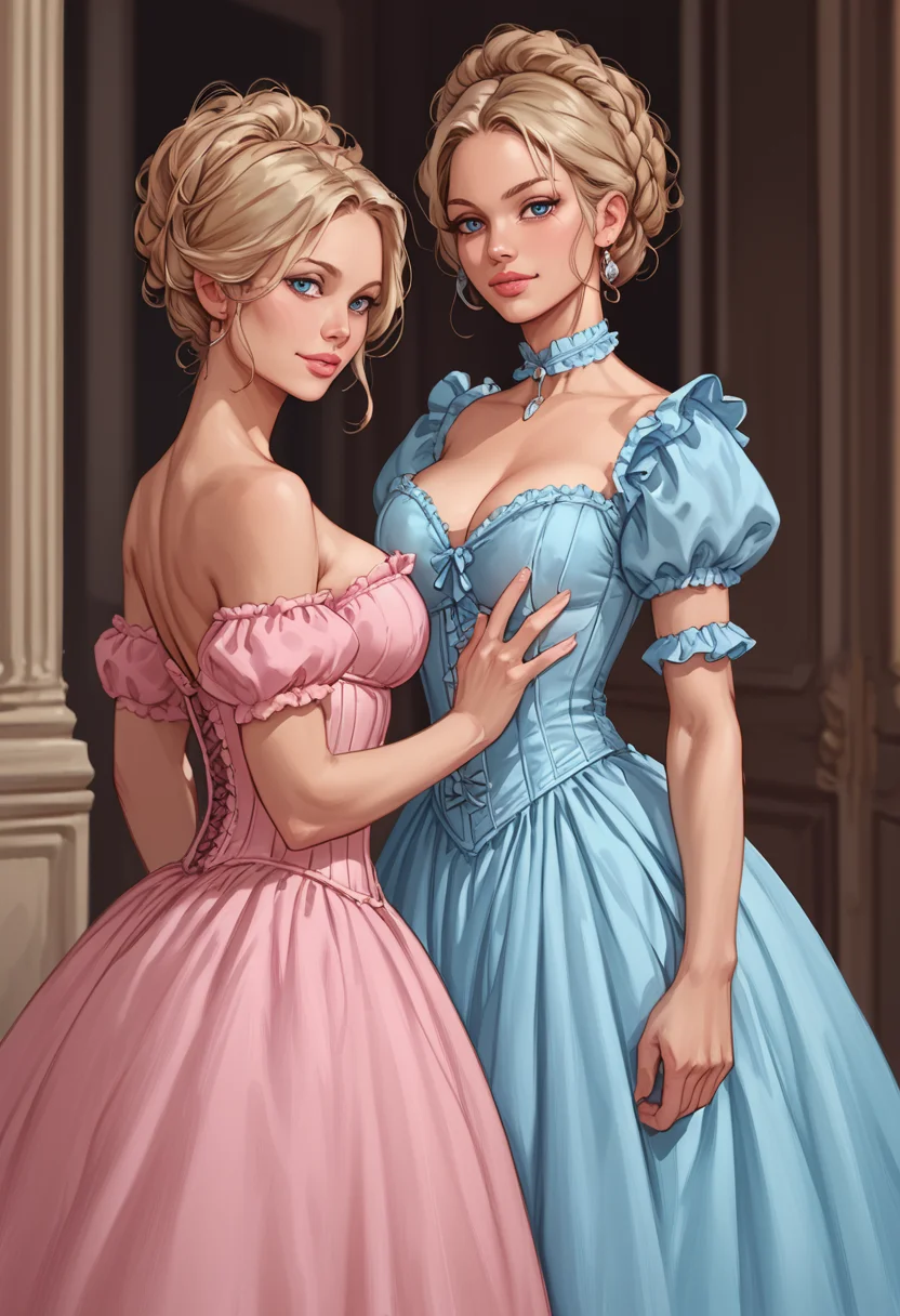 score_9, score_8_up, score_8. score_9, score_8_up, score_7_up, score_6_up, masterpiece, 4k, high quality, (best quality:1.1), cowboy portrait, b3tty_n_54m, 2girl, corset, blue dress, pink dress, <lora:Betty_and_Samantha_Cox__Coxville_Stories:.85>