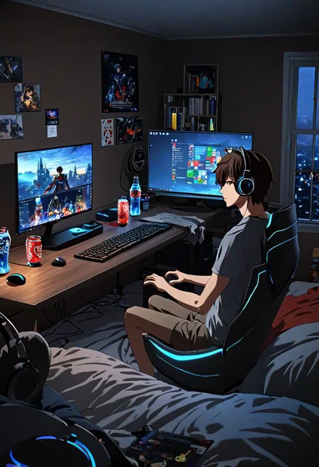 Highres, Masterpiece, High Quality, 4K, 8K, solo, 1Boy, Seiya Kanie, short dark brown hair, golden eyes, potarit, bed room, game room, comfortable, dark walls, RGB lights, quiet, window, night view, keyboard, pc, mouse, laptop, mattress, headset, speakers, stickers, soda drinks, snacks,, easynegative, detailed_eye_model