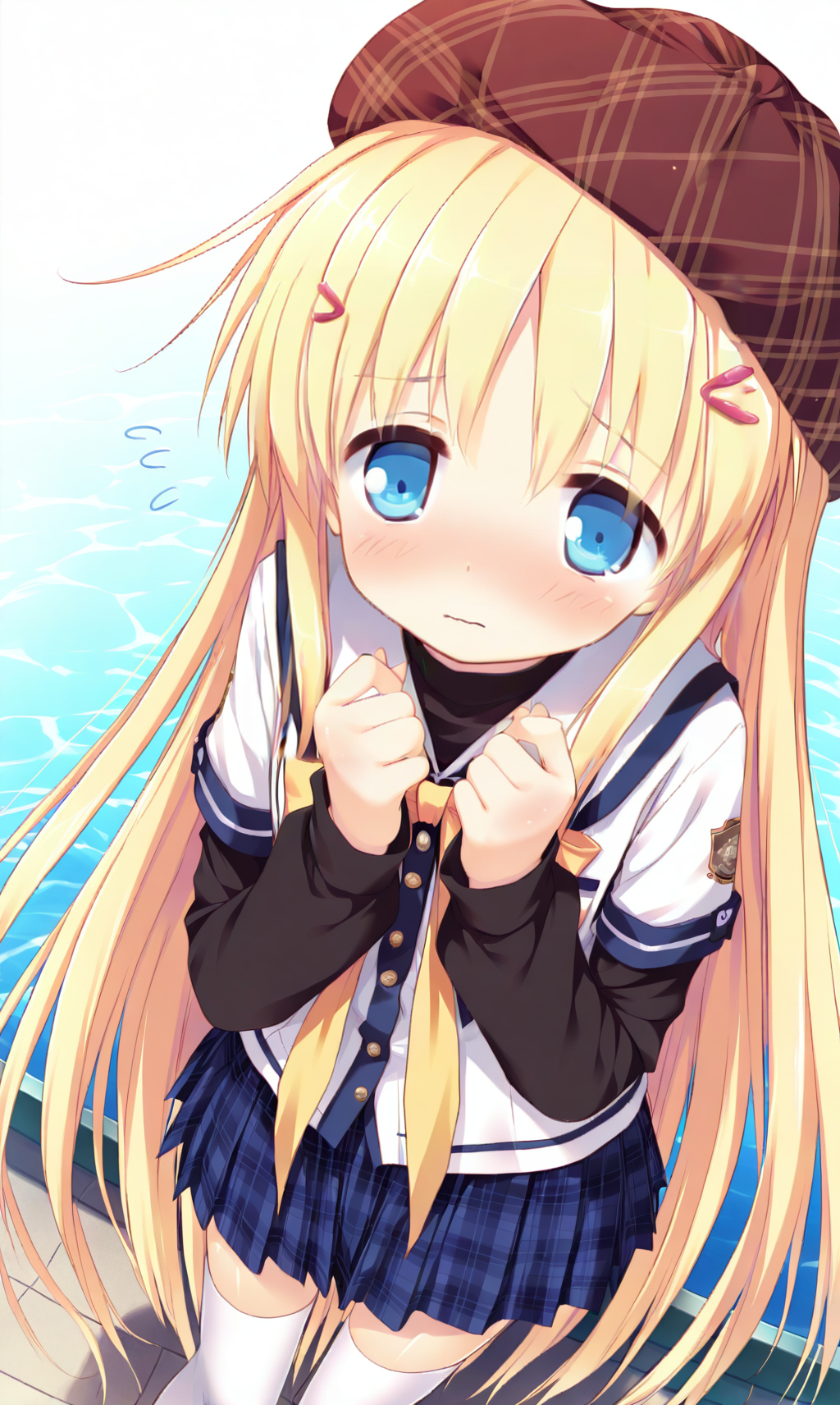 <lora:anzu:0.8>,anzu,blonde hair,blue eyes,hair ornament,long hair,hairclip,anzu school,thighhighs,hat,white thighhighs,school uniform,skirt,very long hair,zettai ryouiki,wave sleeves,1girl,light_blush,from_above,<lora:ç»èå®ç¾é£æ ¼  Illustrious:1>,detailed,(flustered:1.2),<lora:toes_adjuster_illustrious_v1.0:0.3>,<lora:chiiImosty:1>,chiiImosty,