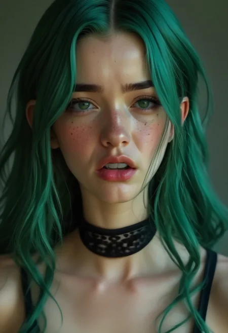 Realistic, realism, 4K, hi-res, Daphne, 20, green hair, freckles, black collar, front facing, (angry), (enraged), wild,