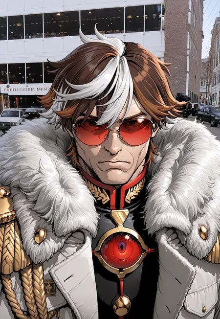 masterpiece, very aesthetic, Adams Style, 1boy, male focus, solo, multicolored hair, epaulettes, two-tone hair, sunglasses, fur trim, white hair, brown hair, upper body, fur-trimmed coat, coat, third eye, photo background, short hair, tinted eyewear, red-tinted eyewear, meme, dyed bangs,
