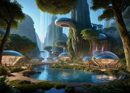A serene, organic dwelling nestled behind a cascading waterfall, offering a mesmerizing view of the bioluminescent jungle through the sparkling water,
flying insects flitting between the branches, a clear atmosphere with a nearby asteroid field, a gentle planetary wind carrying the scent of delicious blossoms, bioluminescent moss covering the structure's exterior, the city's geometric, angular structures and suspended walkways visible in the distance, a peaceful city square with a holographic market, unusual, miniature creatures roaming the streets, the waterfall's rocks illuminated by bioluminescent plants, 
A mystical, ht-time scene in the alien jungle, with the futuristic city's organic, curved structures and iridescent dwellings illuminated against the dark, twinkling sky,
flying insects darting through the iridescent foliage, alien animals integrated into the design, the city's suspended walkways glowing softly, a lively city square with central fountain lit up, unusual, giant creatures roaming the streets, inhabitants in minimal attire strolling the dark streets, a crystal river shimmering under the city's glow, a  observatory dome
, clear transparent water,  (trending:1.13) (RAW:0.81),high definition,best quality, (aesthetic:0.96), <lora:LCMTurboMix_Euler_A_fix.safetensors:0.96:0.3> <lora:sdxl\add-detail-xl.safetensors:0.86:0.10  p14,s99