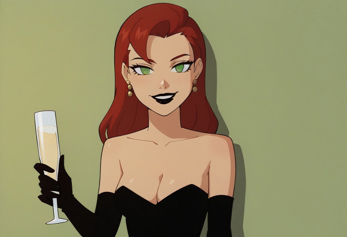 score_9, score_8_up, score_7_up, solo, 1girl, lipstick, red hair, long hair, green eyes, no pupils, strapless dress, black dress, black elbow gloves, looking at the side, earrings, Veronica Vreeland, leaning on wall, cleavage, cup, holding cup, smile, drinking glass