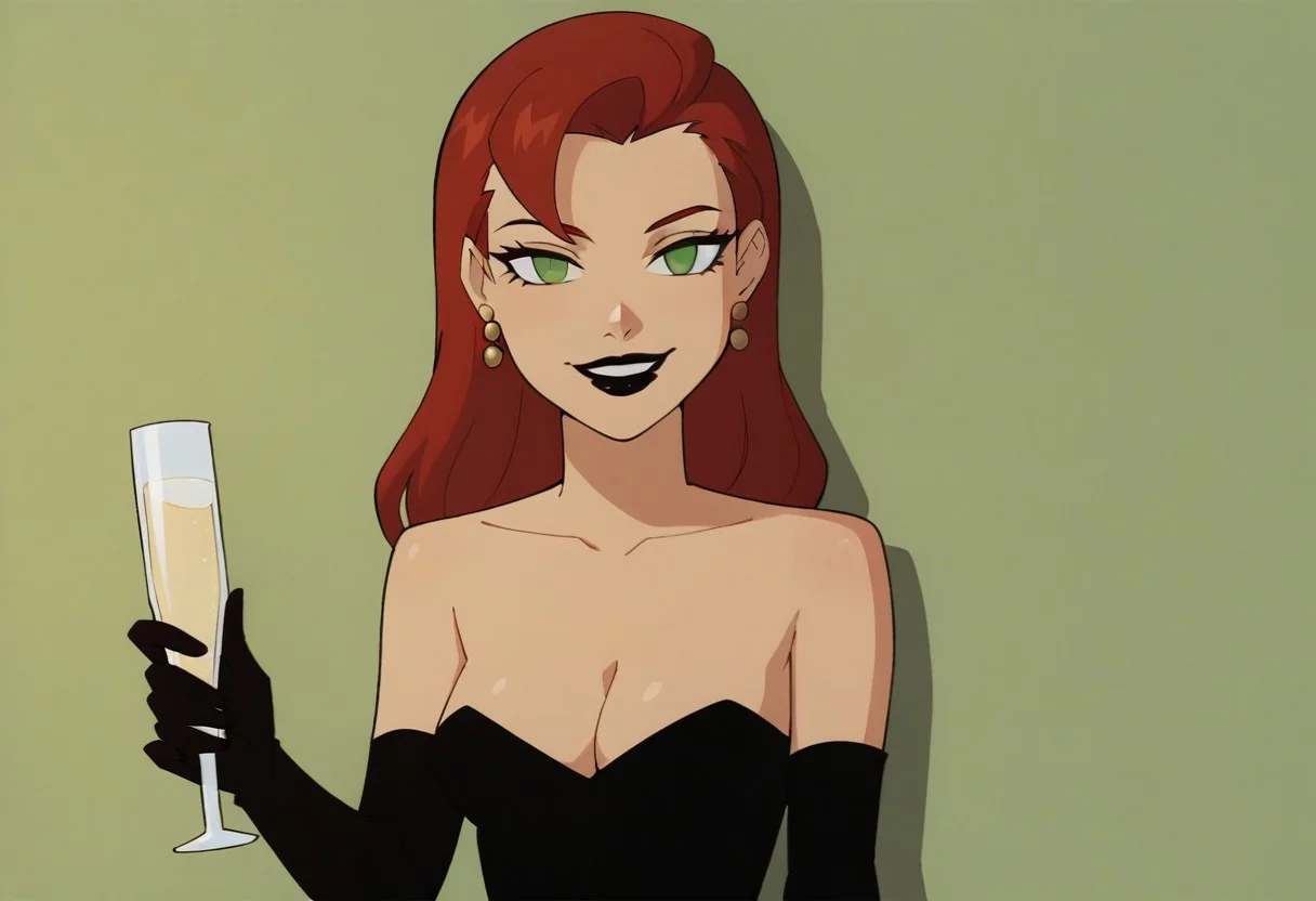 score_9, score_8_up, score_7_up, solo, 1girl, lipstick, red hair, long hair, green eyes, no pupils, strapless dress, black dress, black elbow gloves, looking at the side, earrings, Veronica Vreeland, leaning on wall, cleavage, cup, holding cup, smile, drinking glass