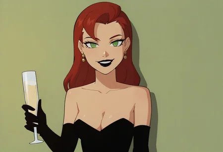 score_9, score_8_up, score_7_up, solo, 1girl, lipstick, red hair, long hair, green eyes, no pupils, strapless dress, black dress, black elbow gloves, looking at the side, earrings, Veronica Vreeland, leaning on wall, cleavage, cup, holding cup, smile, drinking glass