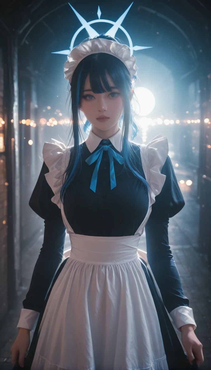 <lora:LCMTurboMix_Euler_A_fix:1> <lora:example_SDXL:0.3>, EZRealPONYXL, <lora:Dramatic Lighting Slider:3>  <lora:realistic filter [IL]:1>
DSLR,realistic,cosplay photo, (very awa,masterpiece,best quality,year 2024,newest,absurdres,highres:1), realistic,skin texture,facial features, photography shot with Canon EOS 5D Mark IV , realistic, RAW, best quality, masterpiece, amazing quality, skin details,
detailed background, shiny skin, dutch angle, night, moonlight,
beautiful detailed eyes, intricate details, absurdres, anime screencap,
<lora:JoumaeSaori_BlueArchive_ILXL_kill0825:1>
BA_JSaori, blue eyes, large breasts, black hair, blue hair, multicolored hair, two-tone hair, halo, colored inner hair, blue halo, dark blue hair, bokeh,
long sleeves, dress, bow, ribbon, frills, puffy sleeves, black dress, apron, maid, maid headdress, neck ribbon, blue ribbon, juliet sleeves, white apron, maid apron, frilled apron, enmaided, collared dress