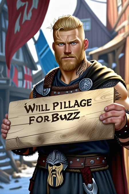 "Will Pillage for Buzz",  Blonde Viking, realistic, manly,  <lora:texta:0.9>