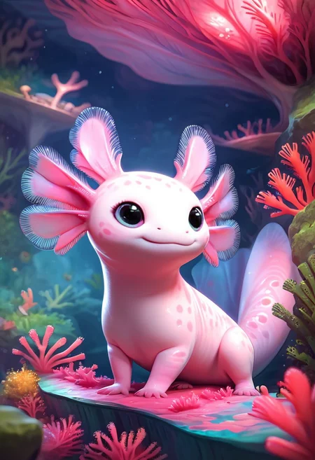 score_9, score_8_up, score_7_up, AxolotlWorldXLP, Expressiveh, very detailed, high quality, solo, 1 cute axolotl girl, feral, pale pink skin, thick tail, undersea background, coral, realistic, 3d