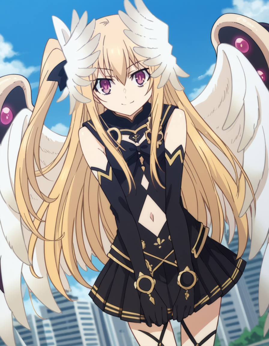 score_9, score_8_up, score_7_up, source_anime,
dalmayuri, <lora:dal-mayuri-movie-ponyxl-lora-nochekaiser:1>,
mayuri, long hair, blonde hair, hair between eyes, hair bow, one side up, bow, purple eyes,
gloves, dress, navel, wings, elbow gloves, black dress, clothing cutout, head wings, skirt, black skirt, pleated skirt,
outdoors, cityscape, bent over, smile,
solo, dutch angle, looking at viewer, cowboy shot,