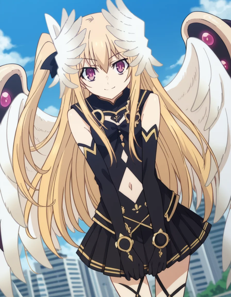 score_9, score_8_up, score_7_up, source_anime,
dalmayuri, <lora:dal-mayuri-movie-ponyxl-lora-nochekaiser:1>,
mayuri, long hair, blonde hair, hair between eyes, hair bow, one side up, bow, purple eyes,
gloves, dress, navel, wings, elbow gloves, black dress, clothing cutout, head wings, skirt, black skirt, pleated skirt,
outdoors, cityscape, bent over, smile,
solo, dutch angle, looking at viewer, cowboy shot,