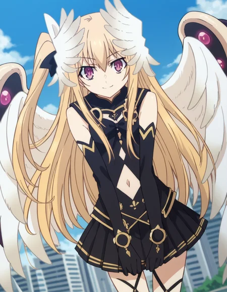 score_9, score_8_up, score_7_up, source_anime,
dalmayuri, <lora:dal-mayuri-movie-ponyxl-lora-nochekaiser:1>,
mayuri, long hair, blonde hair, hair between eyes, hair bow, one side up, bow, purple eyes,
gloves, dress, navel, wings, elbow gloves, black dress, clothing cutout, head wings, skirt, black skirt, pleated skirt,
outdoors, cityscape, bent over, smile,
solo, dutch angle, looking at viewer, cowboy shot,