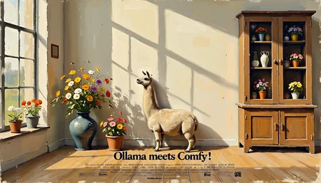 Clip L sketch painting, mvpstrCE style, aidmatextimprover, chrclCE_style,Movie Poster (Title "Ollama meets Comfy!":1.5) lama, A photo-realistic shoot from the side about a room filled with flower arrangements, including vases filled with colorful flowers, illuminated by soft natural light coming through a window. the room has a wooden floor, a wooden cabinet with glass doors, and a window with a grid pattern. the walls are painted in a light color, and the floor is made of light-colored wood. on the left side of the image, a vase of colorful flowers is placed on a wooden shelf, next to a wooden display cabinet filled with more colorful flowers. the vase is filled with a variety of flowers, including white, yellow, pink, purple, and orange blossoms, and on the right side, a potted plant sits on a shelf. the scene is set in an indoor location, with sunlight streaming through the window, casting gentle shadows.  flower pots, vases, indoors, artist name, shadow, window, vase, shadow on wall, plant, plant on shelf  camera_angle: from side, art_style: photo realistic, location: indoor, background: A room with a large window showing grid patterns, text: NA, distance_to_camera: full body;full body, clothing: NA;NA, image_composition: left;right, pants: NA/NA, accessory: potted plants;potted flowers in glass;wooden cabinet, shoes: NA. The room is well-lit with natural light, creating a warm and inviting atmosphere, reminiscent of oil paintings.T5XXLsketch painting, mvpstrCE style, aidmatextimprover, chrclCE_style,Movie Poster (Title "Ollama meets Comfy!":1.5) lama, A photo-realistic shoot from the side about a room filled with flower arrangements, including vases filled with colorful flowers, illuminated by soft natural light coming through a window. the room has a wooden floor, a wooden cabinet with glass doors, and a window with a grid pattern. the walls are painted in a light color, and the floor is made of light-colored wood. on the left side of the image, a vase of colorful flowers is placed on a wooden shelf, next to a wooden display cabinet filled with more colorful flowers. the vase is filled with a variety of flowers, including white, yellow, pink, purple, and orange blossoms, and on the right side, a potted plant sits on a shelf. the scene is set in an indoor location, with sunlight streaming through the window, casting gentle shadows.  flower pots, vases, indoors, artist name, shadow, window, vase, shadow on wall, plant, plant on shelf  camera_angle: from side, art_style: photo realistic, location: indoor, background: A room with a large window showing grid patterns, text: NA, distance_to_camera: full body;full body, clothing: NA;NA, image_composition: left;right, pants: NA/NA, accessory: potted plants;potted flowers in glass;wooden cabinet, shoes: NA. The room is well-lit with natural light, creating a warm and inviting atmosphere, reminiscent of oil paintings.
