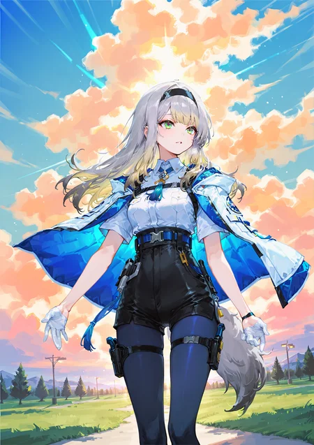 zPDXL3 Real score_9, score_8_up, score_7_up, score_6_up source_anime, highly detailed, sharp, intricate details, rating_safe rating_sensitive, rating_explicit, masterpiece, best quality, good quality, bright eyes light particles lens flare amazing quality, very aesthetic, very awa, absurdres, newest,
<lora:yoneyamaiXLNBVP1lokrV6311PZ:0.5>, <lora:xilmoforill:0.5>
<lora:nhl-001:0.4> nhl-001 film grain multicolored background  <lora:ponyv4_noob1_2_adamW:0.4>
medium breasts, dynamic pose, dynamic angle,
optical illusion, ssambatea, quasarcake, Fishine, arutera, soresaki, reoen, sanbonzakura, askzy, negative space, see-through, made of, neon light, detailed background,
outdoors, grasslands, cloudy sky, park, sunlight
niji-ruri, green eyes,multicolored eyes,gray hair,blonde hair,multicolored hair,gradient hair,dog tail,gray tail,long hair,sidelocks,black hairband,
niji-ruricos1,white shirt,short sleeves,blue neck tassel,harness,blue belt,holster,bottom belt,hip holster,high-waist shorts,tight shorts,black shorts,white gloves,half gloves,blue pantyhose,pantyhose under shorts,thigh strap,
poncho jacket,white capelet,
 <lora:niji-ruri:0.7>