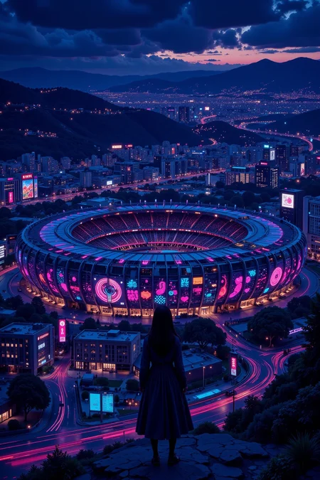 olympic stadium beautiful landscape, bright luminous night, woman, very intricate, very detailed, sharp, bright, colorful, <lora:Hand v2:0.5> <lora:Anti-Blur:1><lora:Insane Detail Slider:0.25> <lora:flux.1_lora_flyway_Epic-detail_v2:0.3> <lora:fluxenhancer:0.25> <lora:Neurocore Anime Cyberpunk v2.0:1> A digital artwork in the style of cknc <lora:abyss-neon:0.6> bo-neon