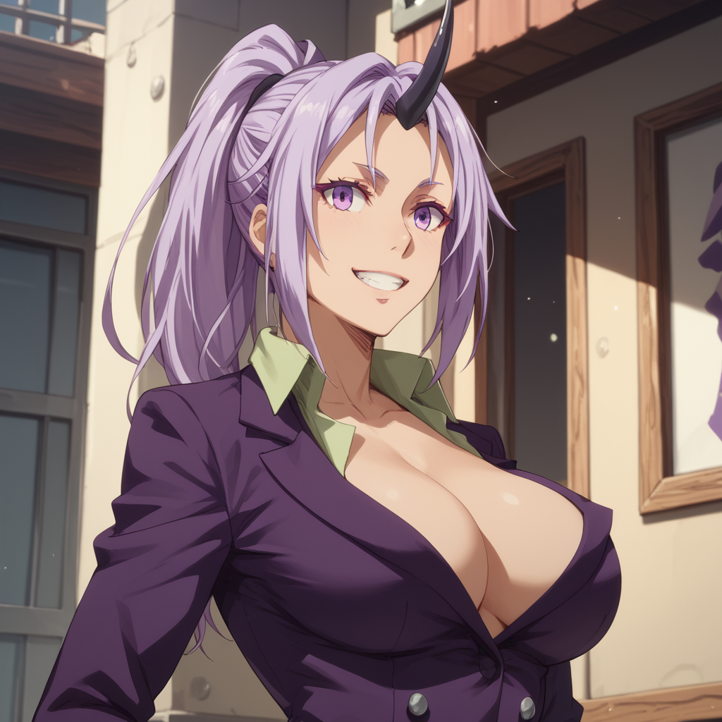 <lora:SlimesShion:1>, score_9, score_8_up, score_7_up, slimes_shion, woman, solo, ponytail, purple suit, horn, large breasts, smiling, teeth